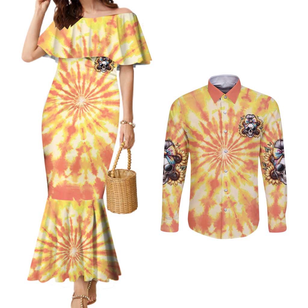 She Is Sunshine Skull Couples Matching Mermaid Dress and Long Sleeve Button Shirt Tie Dye Yellow