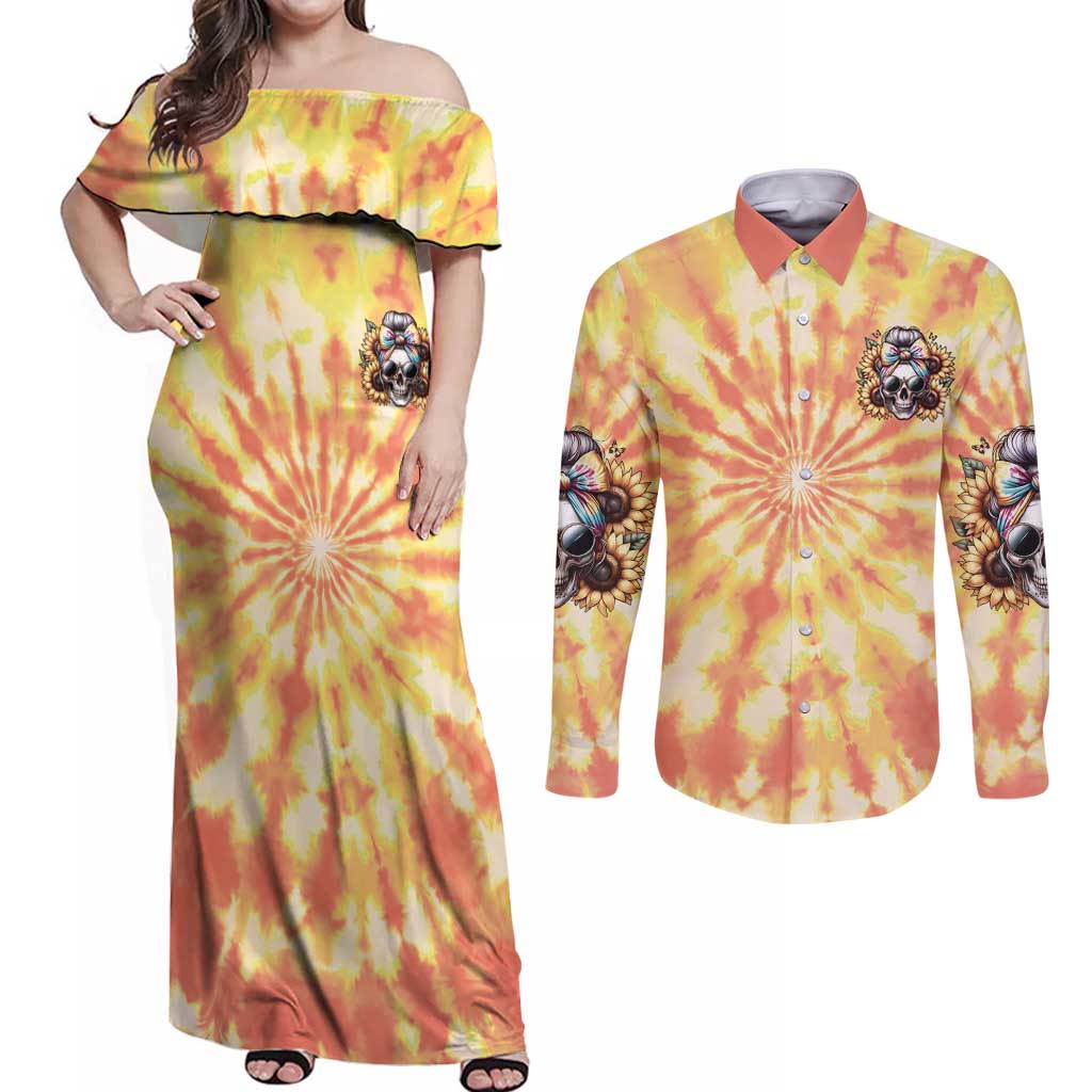 She Is Sunshine Skull Couples Matching Off Shoulder Maxi Dress and Long Sleeve Button Shirt Tie Dye Yellow - Wonder Print Shop