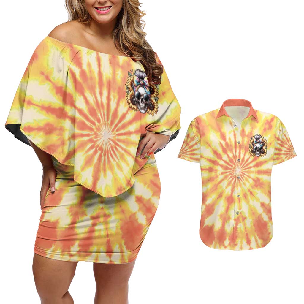 She Is Sunshine Skull Couples Matching Off Shoulder Short Dress and Hawaiian Shirt Tie Dye Yellow - Wonder Print Shop