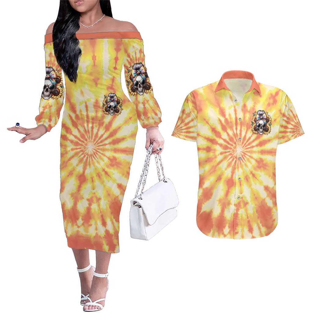 She Is Sunshine Skull Couples Matching Off The Shoulder Long Sleeve Dress and Hawaiian Shirt Tie Dye Yellow - Wonder Print Shop