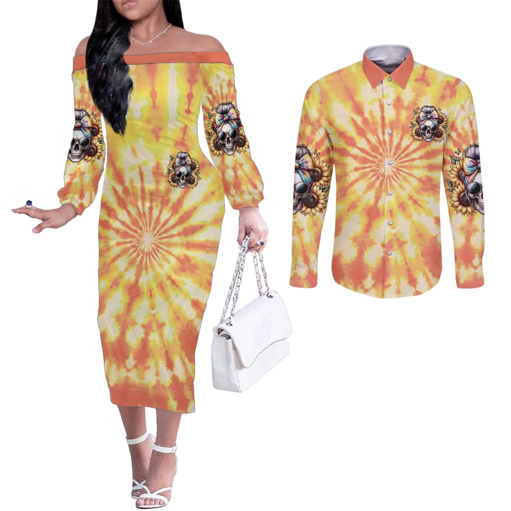 She Is Sunshine Skull Couples Matching Off The Shoulder Long Sleeve Dress and Long Sleeve Button Shirt Tie Dye Yellow