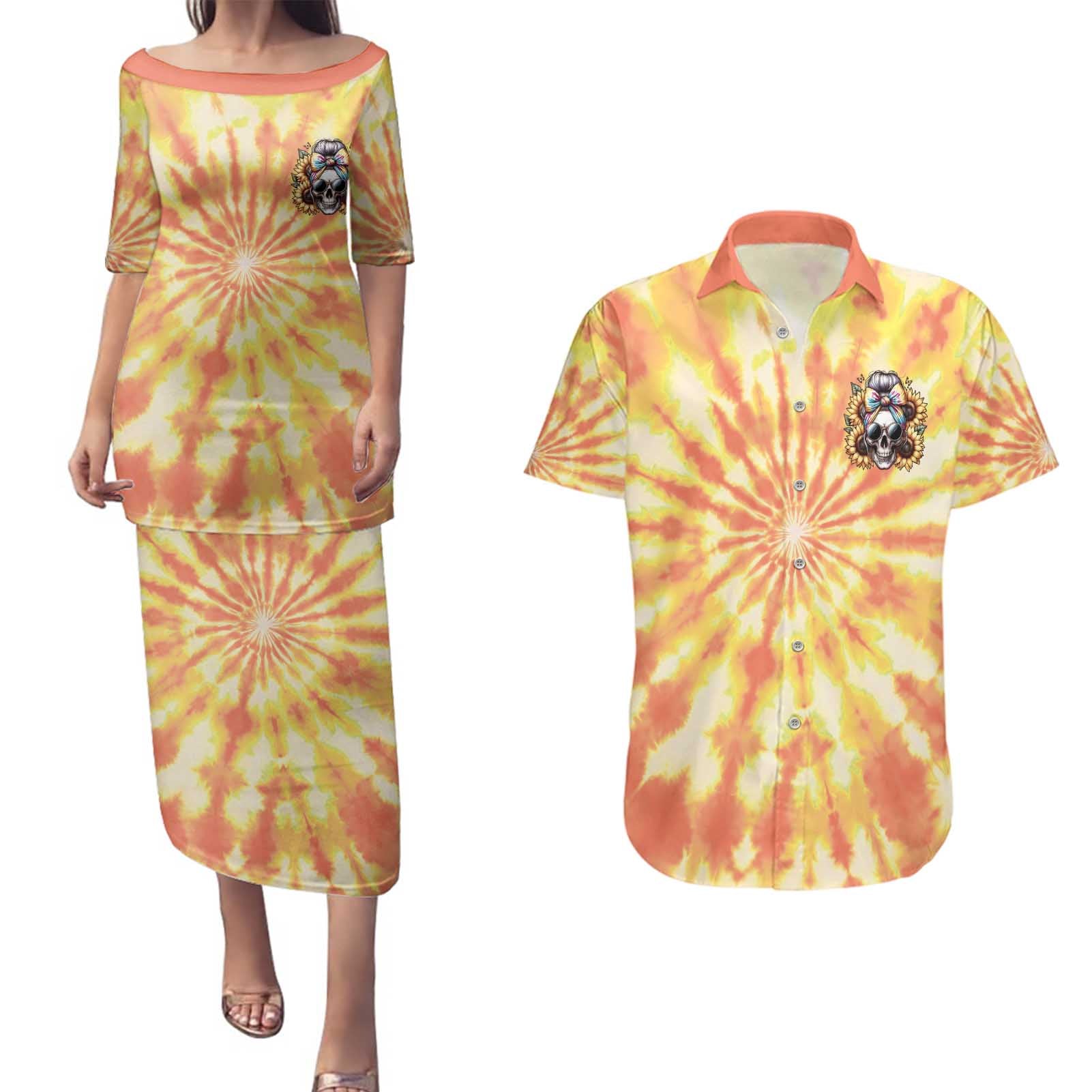 She Is Sunshine Skull Couples Matching Puletasi and Hawaiian Shirt Tie Dye Yellow - Wonder Print Shop