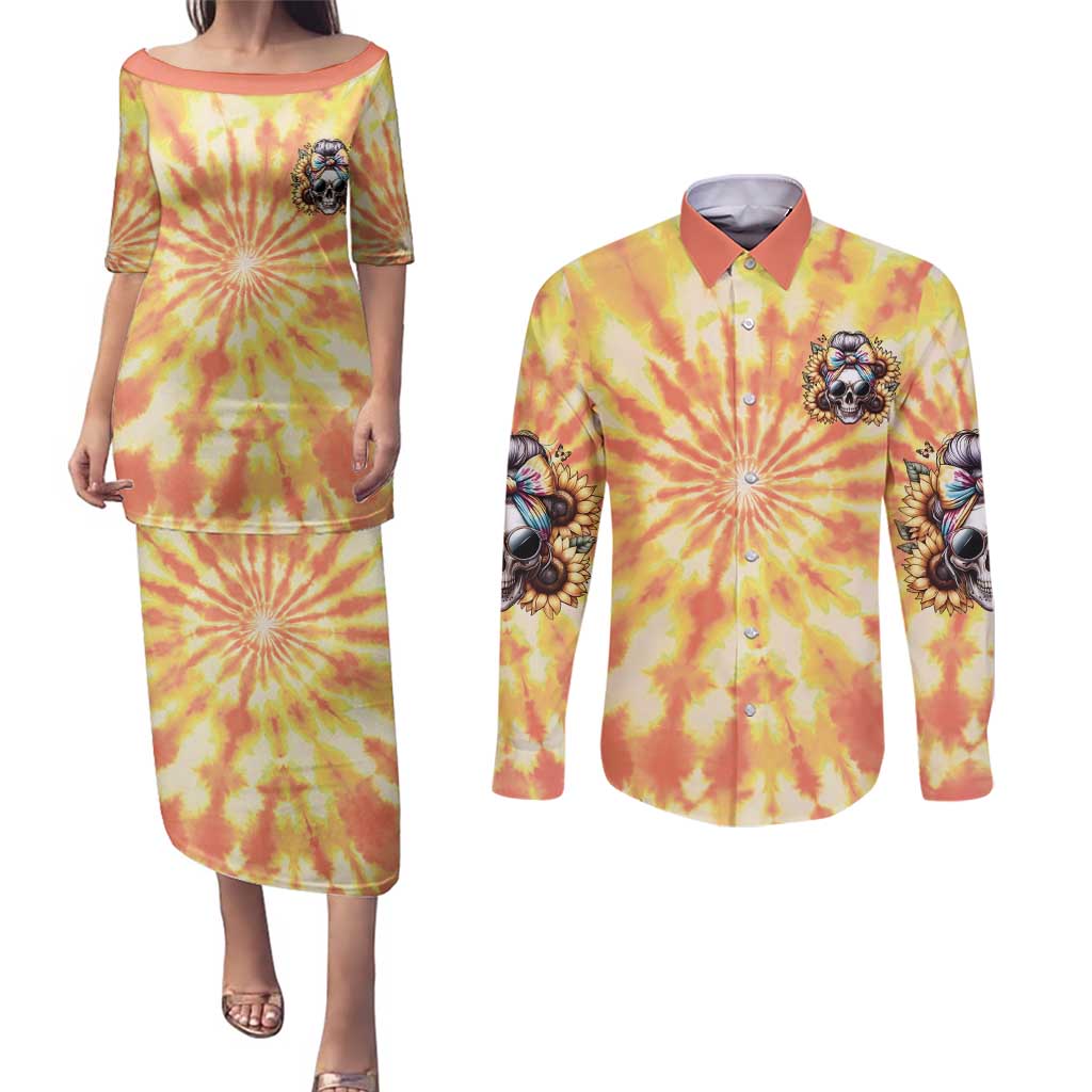 She Is Sunshine Skull Couples Matching Puletasi and Long Sleeve Button Shirt Tie Dye Yellow - Wonder Print Shop