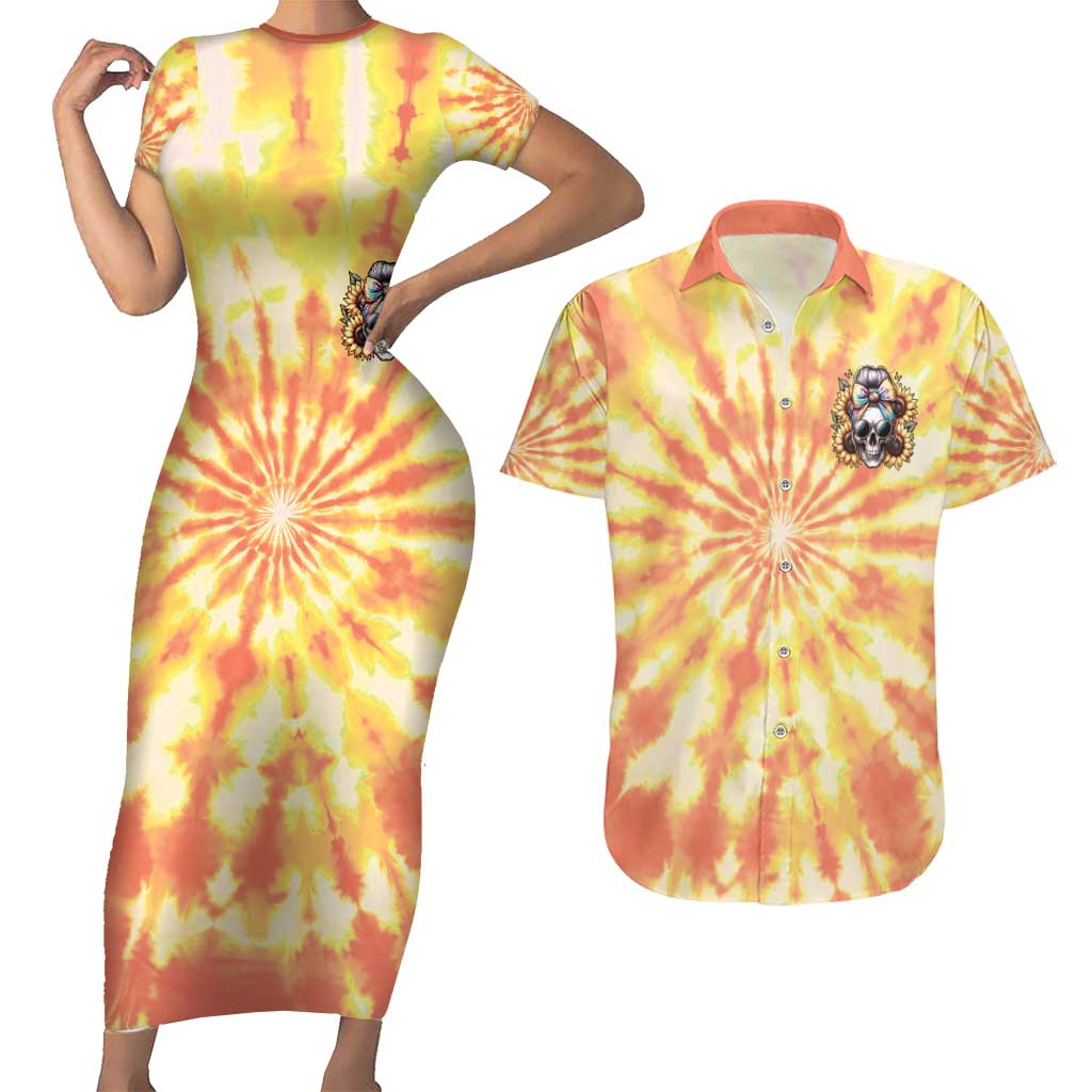 She Is Sunshine Skull Couples Matching Short Sleeve Bodycon Dress and Hawaiian Shirt Tie Dye Yellow - Wonder Print Shop