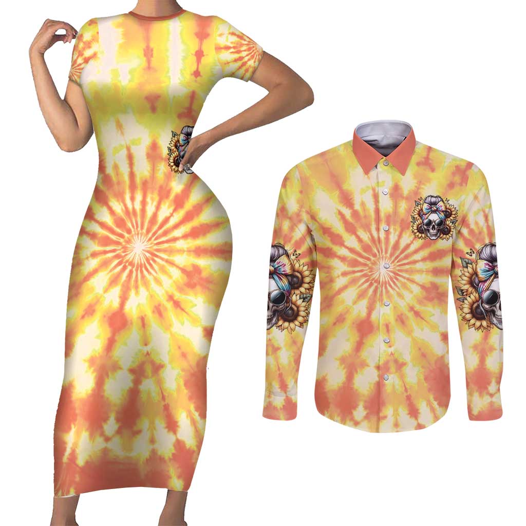 She Is Sunshine Skull Couples Matching Short Sleeve Bodycon Dress and Long Sleeve Button Shirt Tie Dye Yellow - Wonder Print Shop