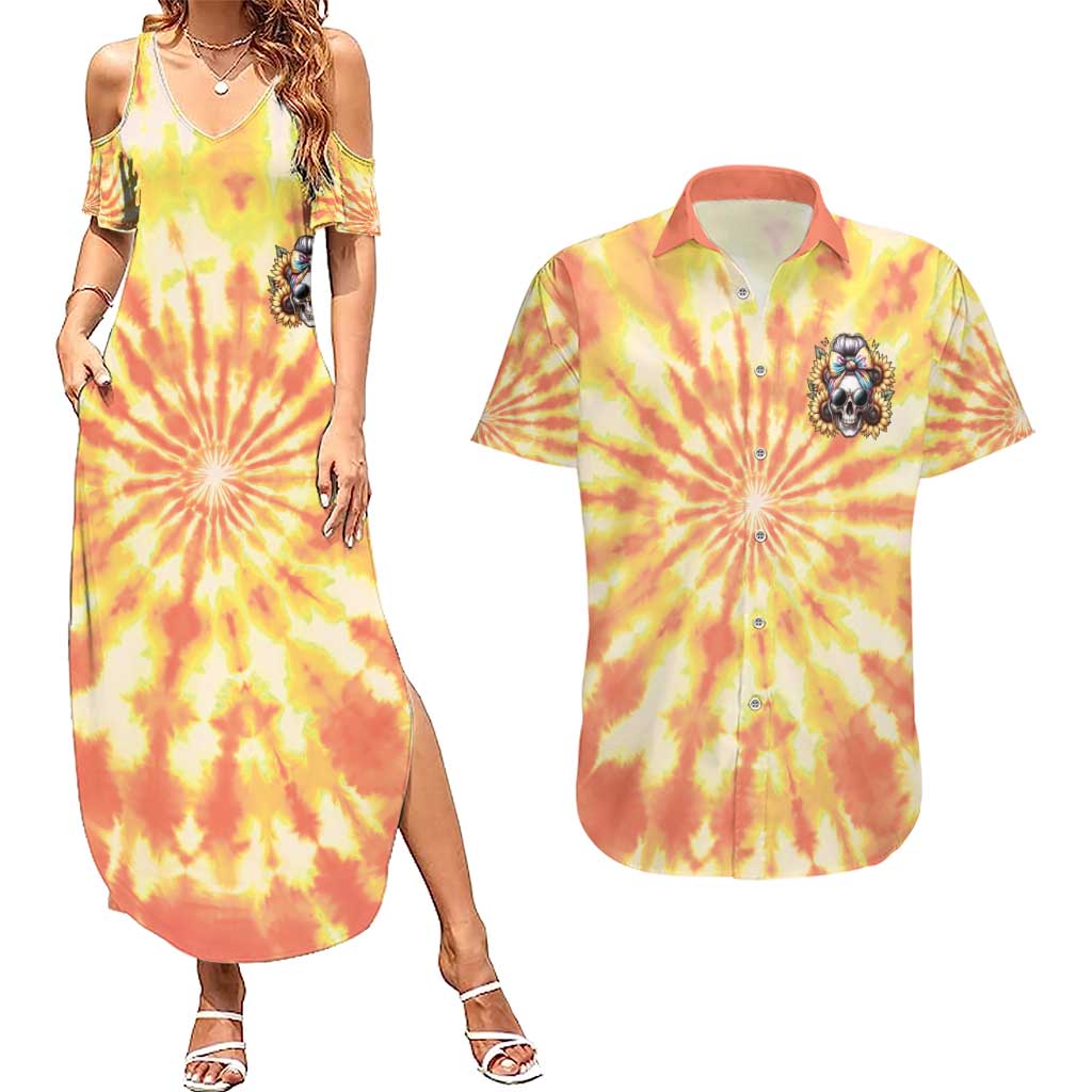 She Is Sunshine Skull Couples Matching Summer Maxi Dress and Hawaiian Shirt Tie Dye Yellow - Wonder Print Shop