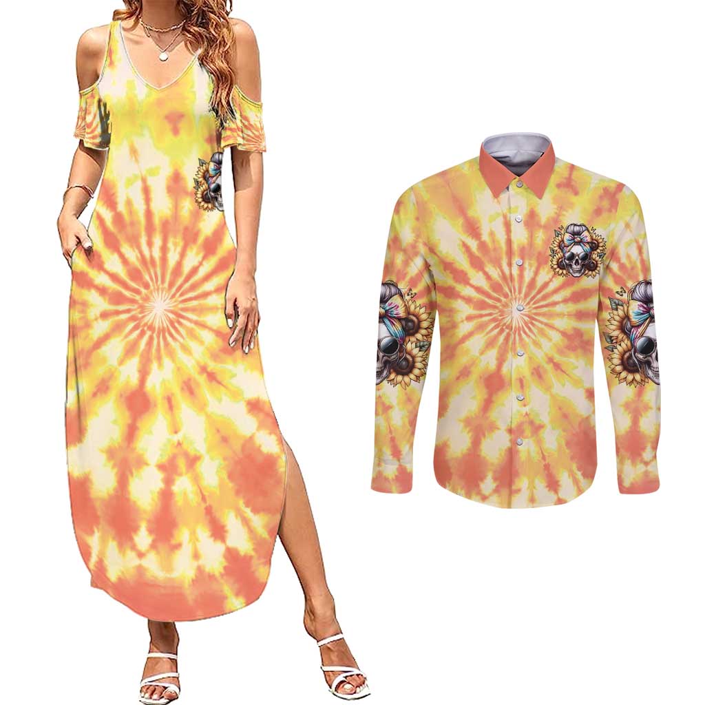 She Is Sunshine Skull Couples Matching Summer Maxi Dress and Long Sleeve Button Shirt Tie Dye Yellow - Wonder Print Shop