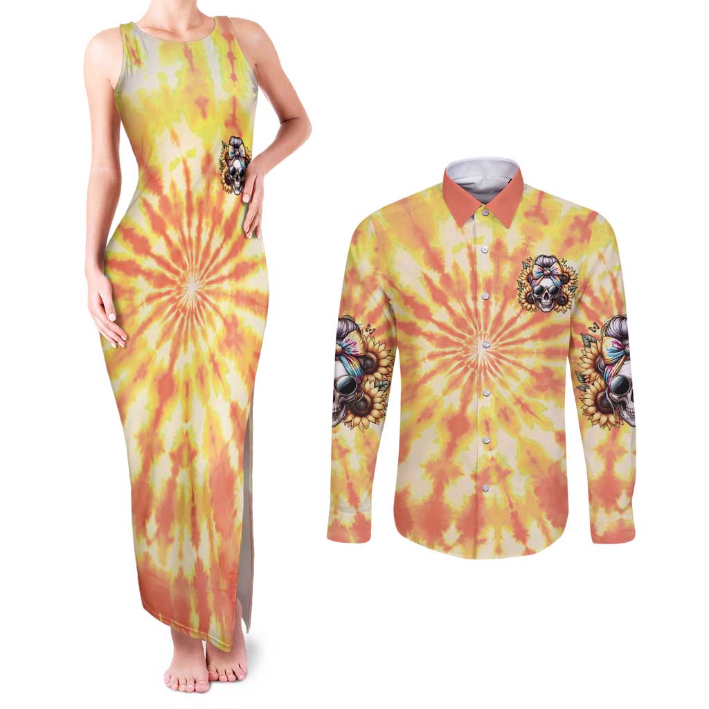 She Is Sunshine Skull Couples Matching Tank Maxi Dress and Long Sleeve Button Shirt Tie Dye Yellow - Wonder Print Shop