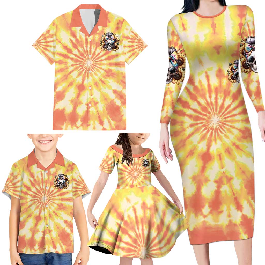 She Is Sunshine Skull Family Matching Long Sleeve Bodycon Dress and Hawaiian Shirt Tie Dye Yellow - Wonder Print Shop