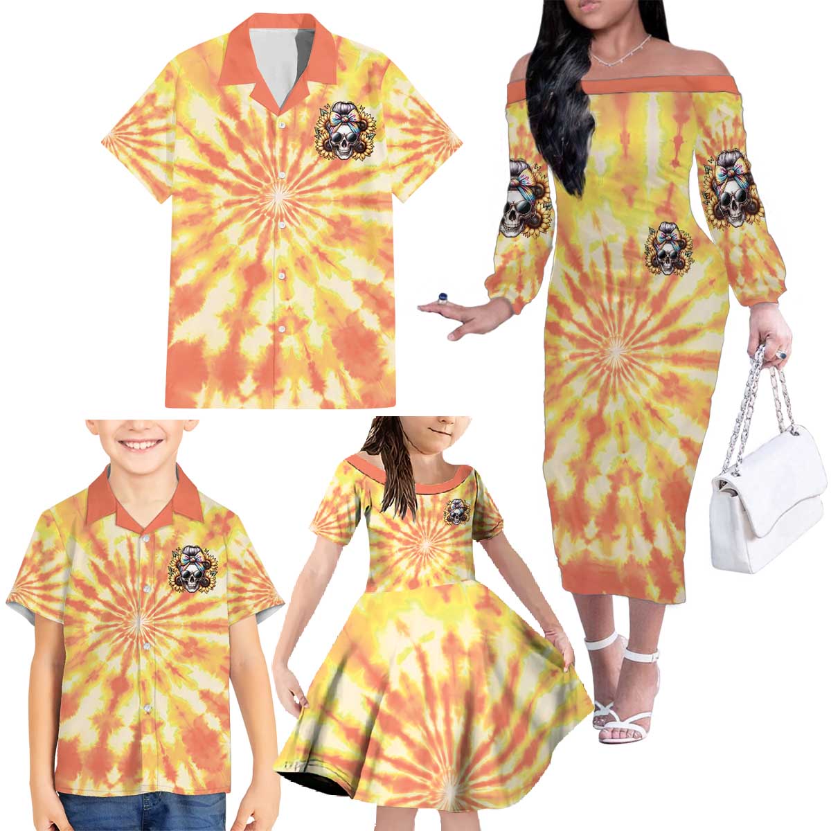 She Is Sunshine Skull Family Matching Off The Shoulder Long Sleeve Dress and Hawaiian Shirt Tie Dye Yellow - Wonder Print Shop