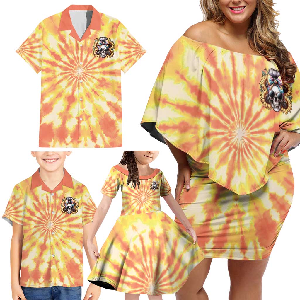 She Is Sunshine Skull Family Matching Off Shoulder Short Dress and Hawaiian Shirt Tie Dye Yellow - Wonder Print Shop