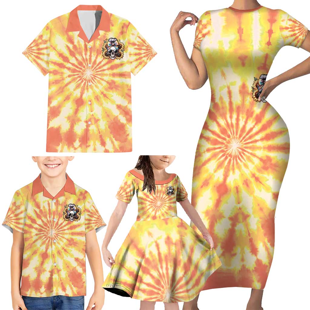 She Is Sunshine Skull Family Matching Short Sleeve Bodycon Dress and Hawaiian Shirt Tie Dye Yellow - Wonder Print Shop