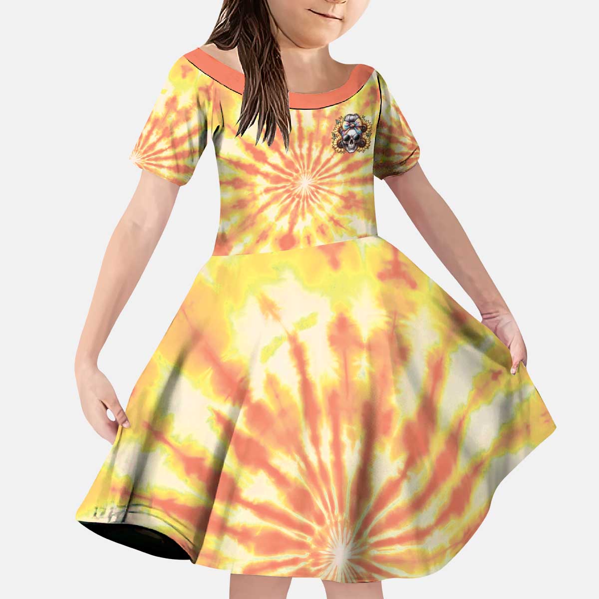 She Is Sunshine Skull Kid Short Sleeve Dress Tie Dye Yellow - Wonder Print Shop