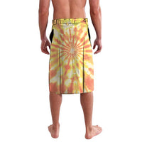 Yellow tie-dye sarong skirt, rear view with elastic waistband and vertical center seam