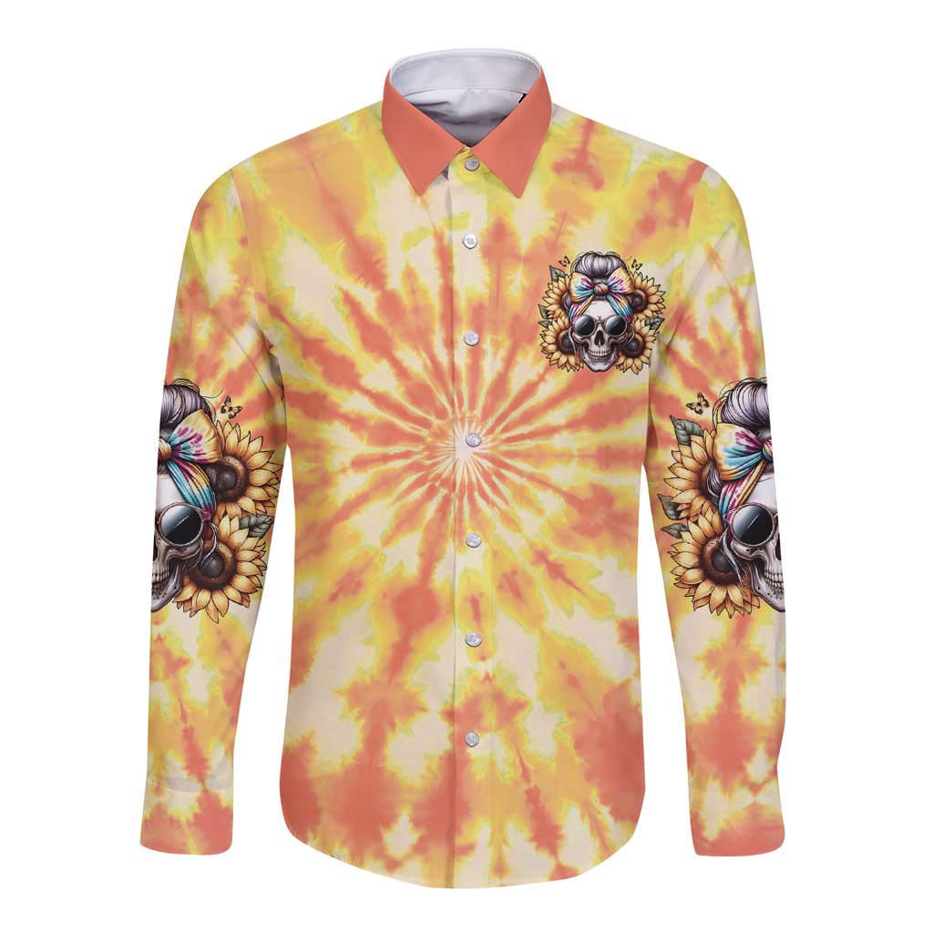 Yellow tie-dye button-up long sleeve shirt with skull and sunflower graphic, coral collar