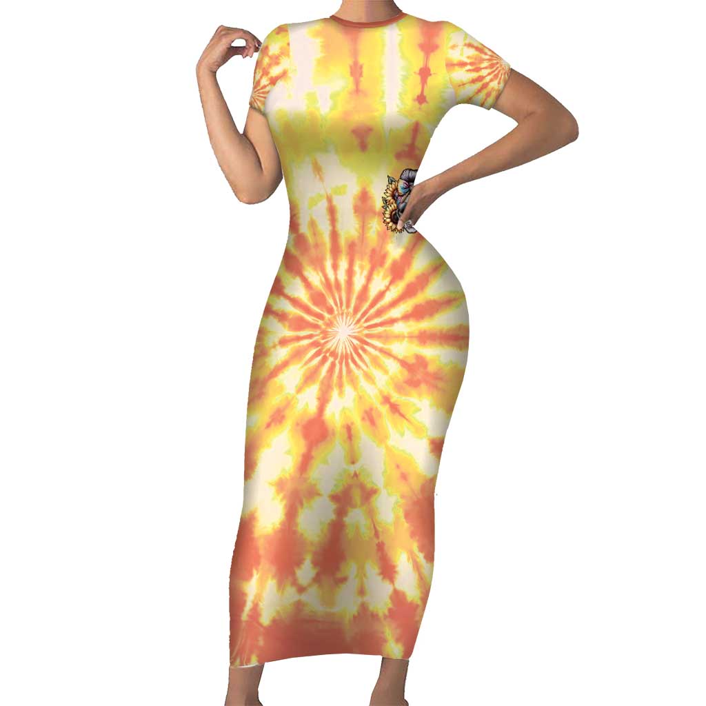 She Is Sunshine Skull Short Sleeve Bodycon Dress Tie Dye Yellow