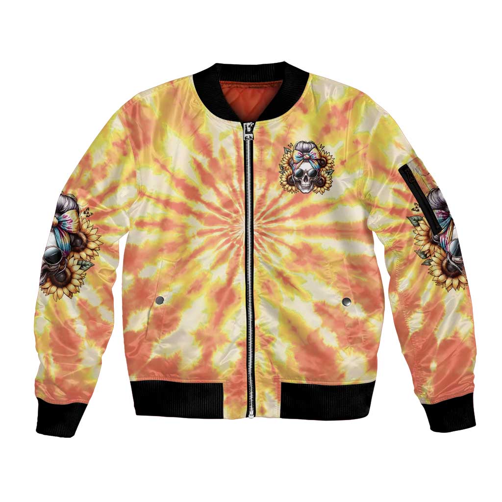 She Is Sunshine Skull Sleeve Zip Bomber Jacket Tie Dye Yellow