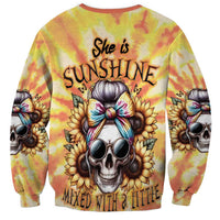 Yellow tie-dye crewneck sweatshirt with She is Sunshine skull graphic and sunflowers