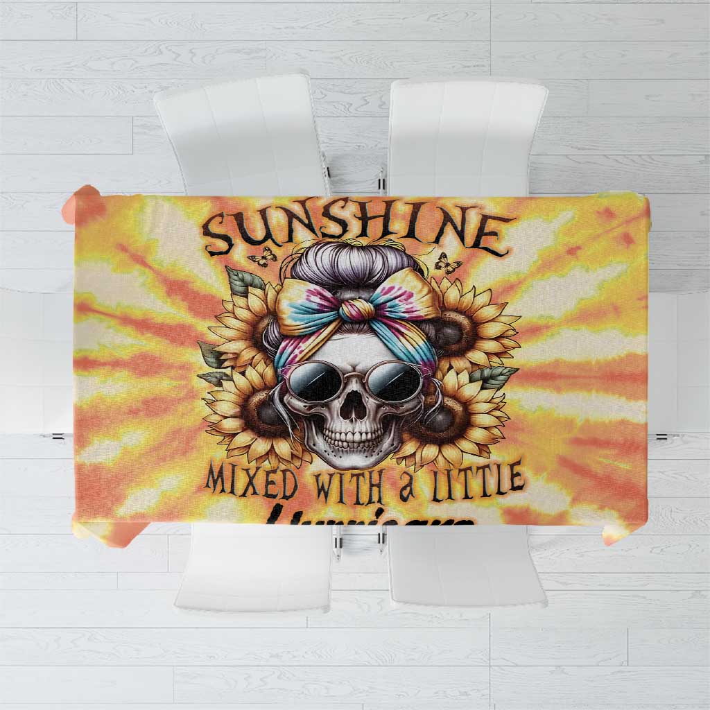 Yellow tie-dye skull tablecloth with 'Sunshine' and 'Mixed with a little' text
