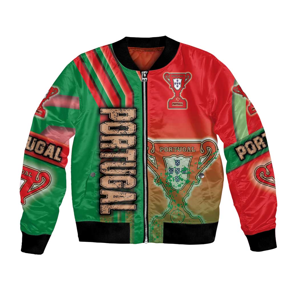 Unisex bomber jacket in red/green with diagonal stripes, full-zip front, Portugal crest