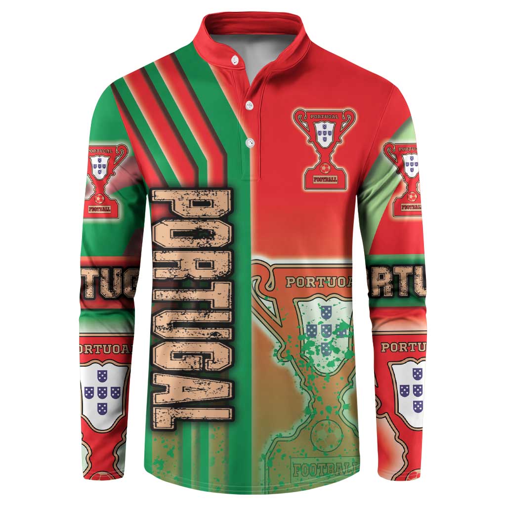 Red and green button-front sweatshirt with long sleeves, Portugal crest and bold graphics