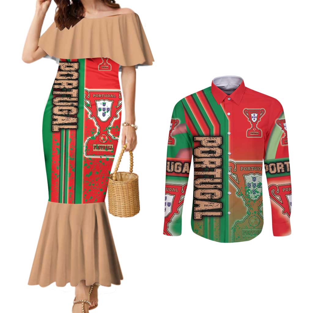 Portugal Football Couples Matching Mermaid Dress and Long Sleeve Button Shirt Selecao das Quinas Soccer - Road To Champion