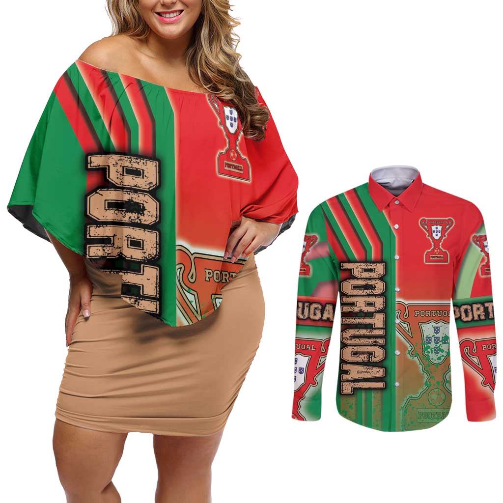 Portugal Football Couples Matching Off Shoulder Short Dress and Long Sleeve Button Shirt Selecao das Quinas Soccer - Road To Champion