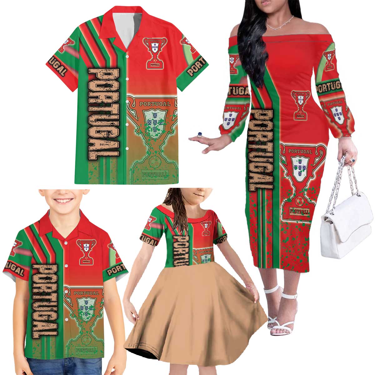 Portugal Football Family Matching Off The Shoulder Long Sleeve Dress and Hawaiian Shirt Selecao das Quinas Soccer - Road To Champion