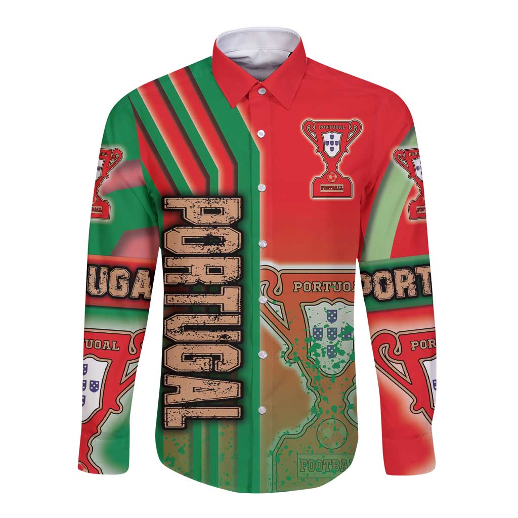 Red long-sleeve button soccer shirt with green stripes and Portugal crest, front