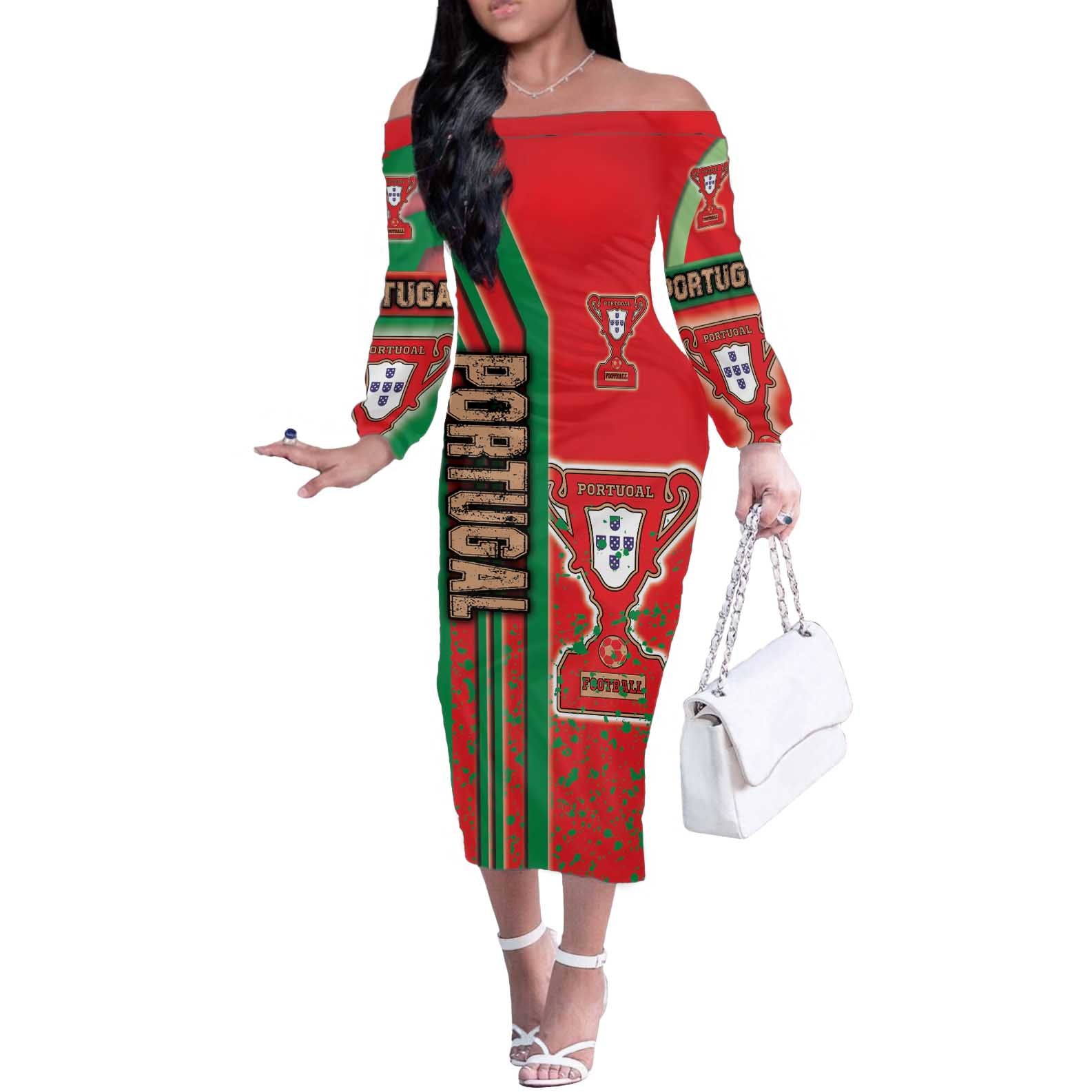 Portugal Football Off The Shoulder Long Sleeve Dress Selecao das Quinas Soccer - Road To Champion - Wonder Print Shop