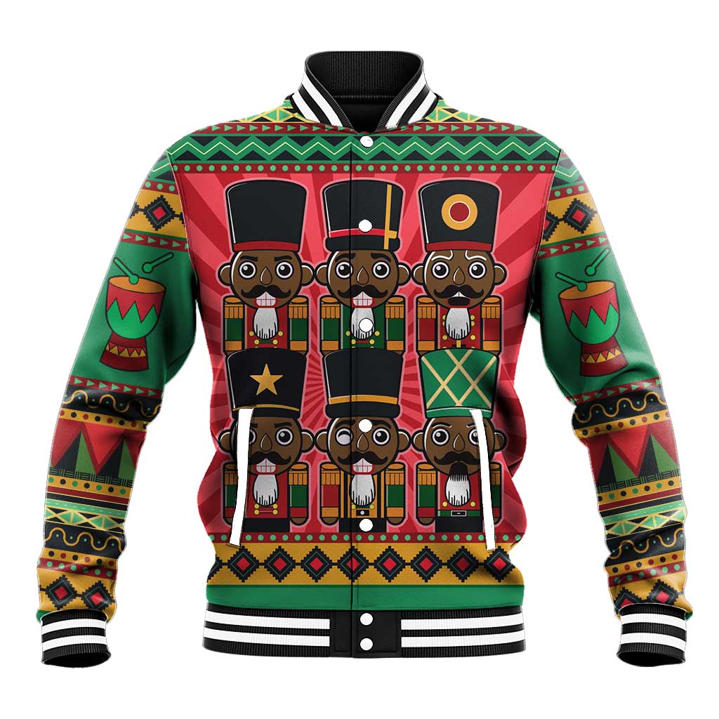 Red green baseball jacket with nutcracker character graphic, striped ribbed collar