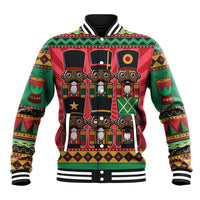 Red green baseball jacket with nutcracker character graphic, striped ribbed collar