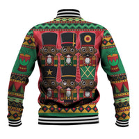 Red green baseball jacket with nutcracker graphic back, striped ribbed hem and cuffs