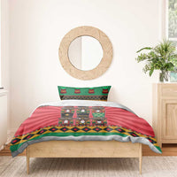 Nutcracker-themed bedding set on bed with red and green duvet and pillow shams