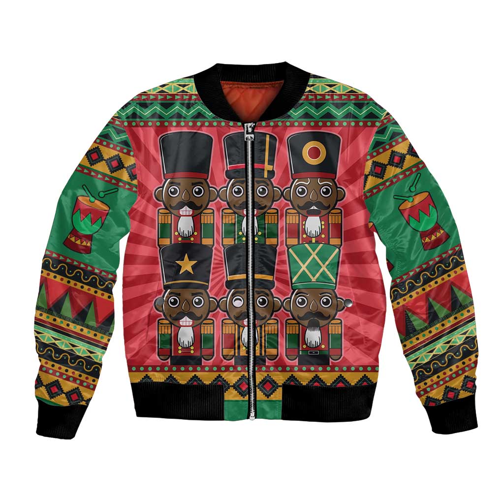 Unisex bomber jacket with colorful nutcracker graphic and ribbed collar cuffs