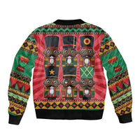 Unisex bomber jacket back view with nutcracker graphic, ribbed hem and collar