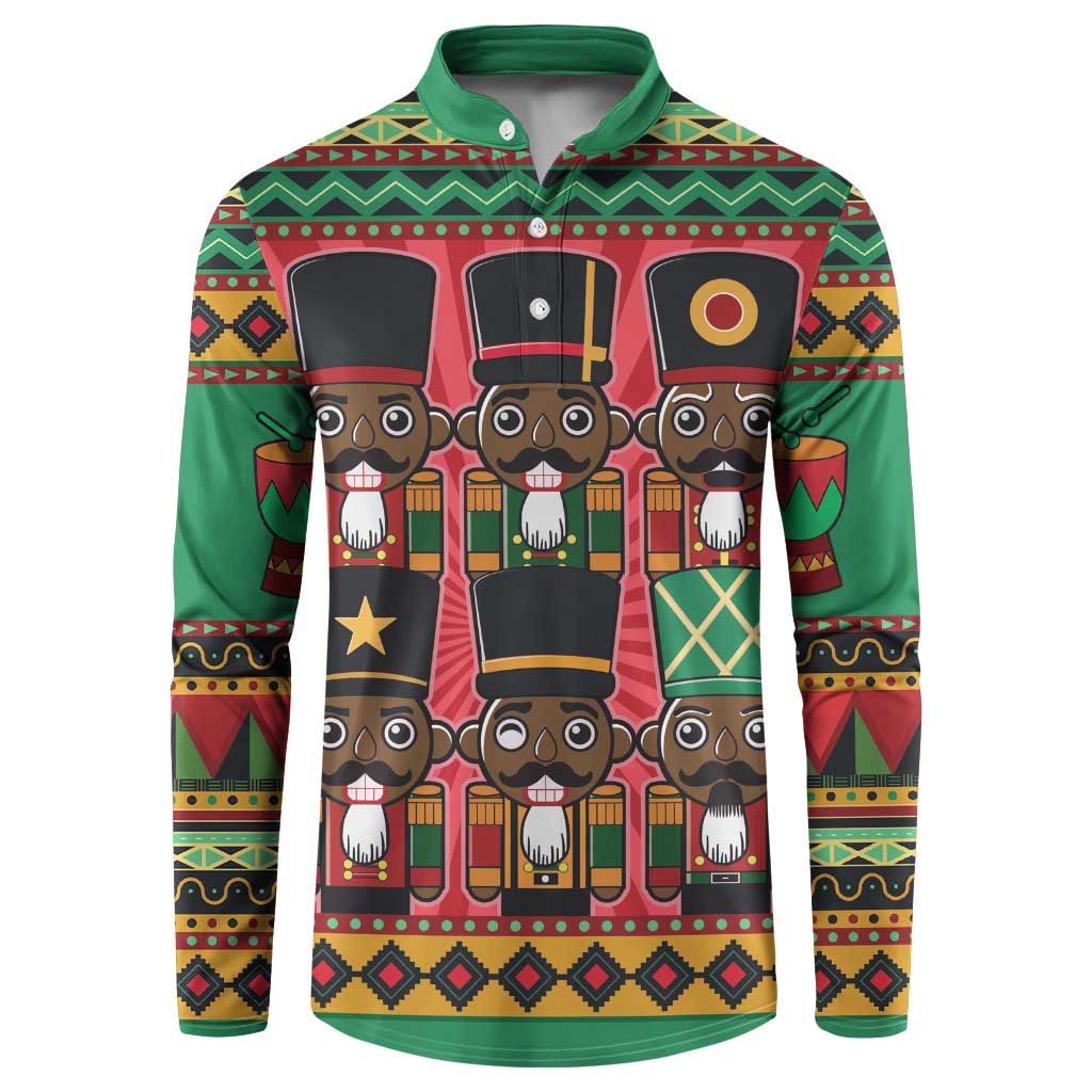 Green long-sleeve button sweatshirt with nutcracker character graphic front