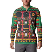Green nutcracker button sweatshirt worn by model, long sleeves and front graphic