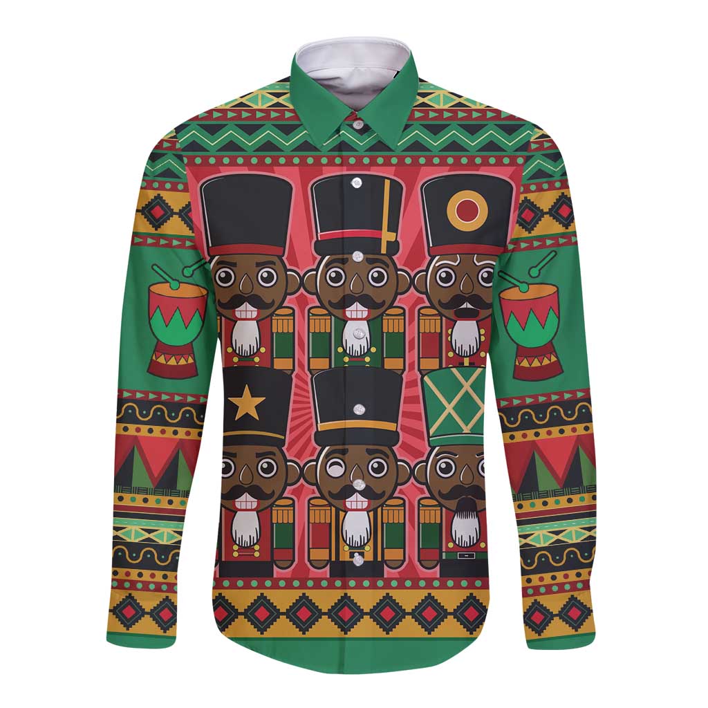 Green long-sleeve button shirt with nutcracker-style Afro graphic front, festive pattern