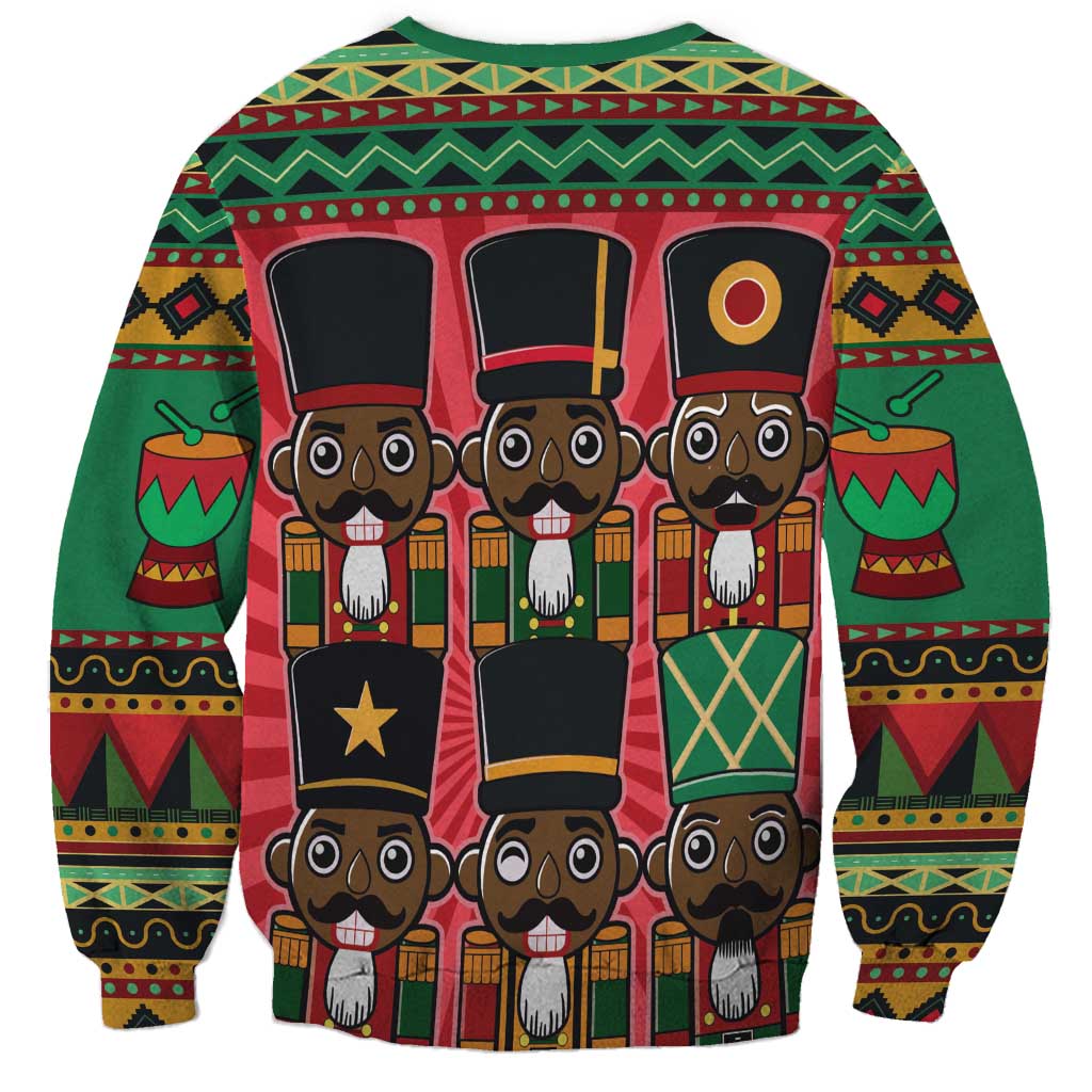 Unisex crewneck sweatshirt, green with nutcracker collage and Christmas pattern on back