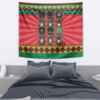 Red nutcracker tapestry with nine cartoon nutcrackers, green edge and patterned band