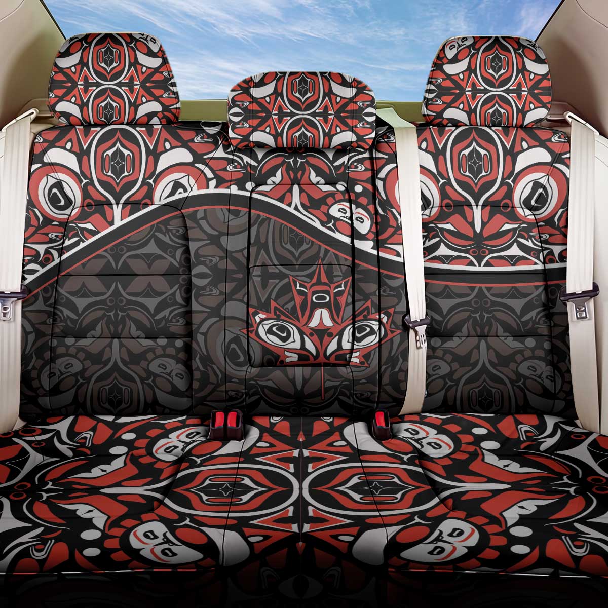 Canada Day Back Car Seat Cover Haida Maple Leaf Style Tattoo Black