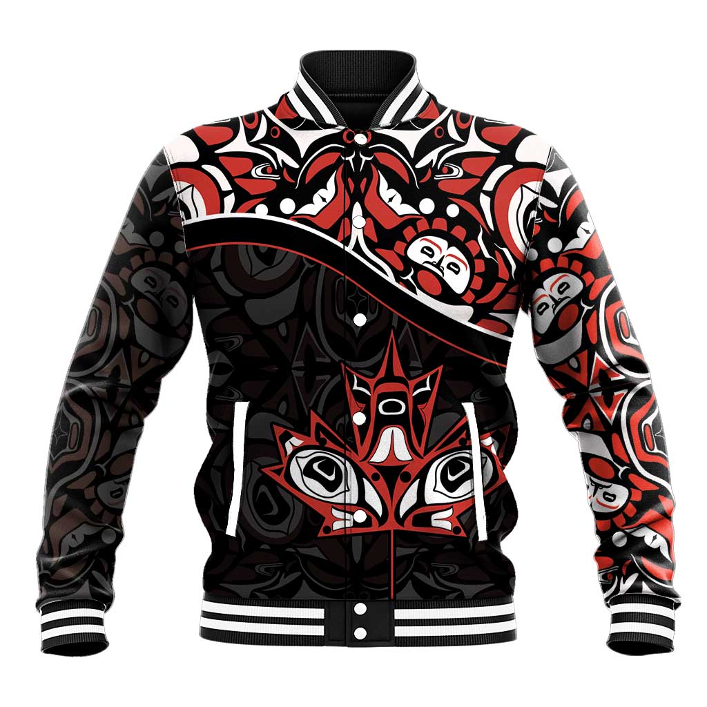 Canada Day Baseball Jacket Haida Maple Leaf Style Tattoo Black