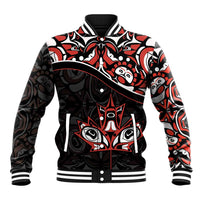 Unisex black baseball jacket with red and white tribal tattoo-style graphic, snap front