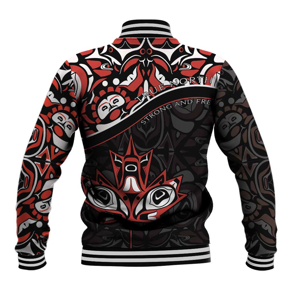 Unisex black baseball jacket back view with bold red and white tribal graphic, striped cuffs