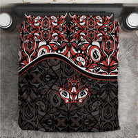 Black duvet set with red and white tribal maple-leaf pattern and two pillows