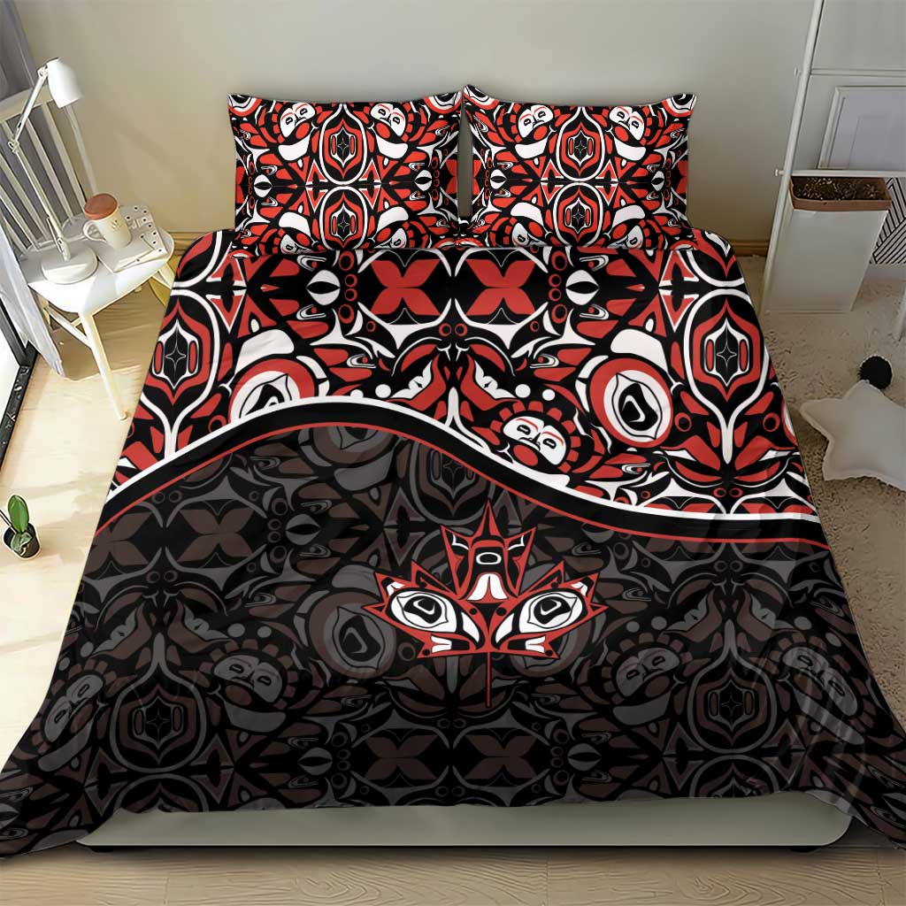 Black duvet set with red and white tribal maple-leaf pattern and two matching pillows
