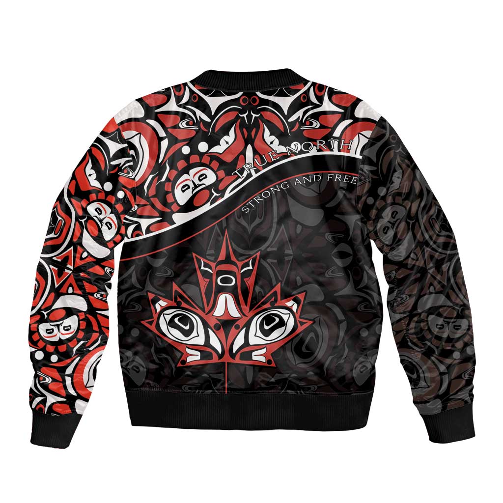 Black bomber jacket with red/white emblem and abstract tribal sleeve artwork, zip front.