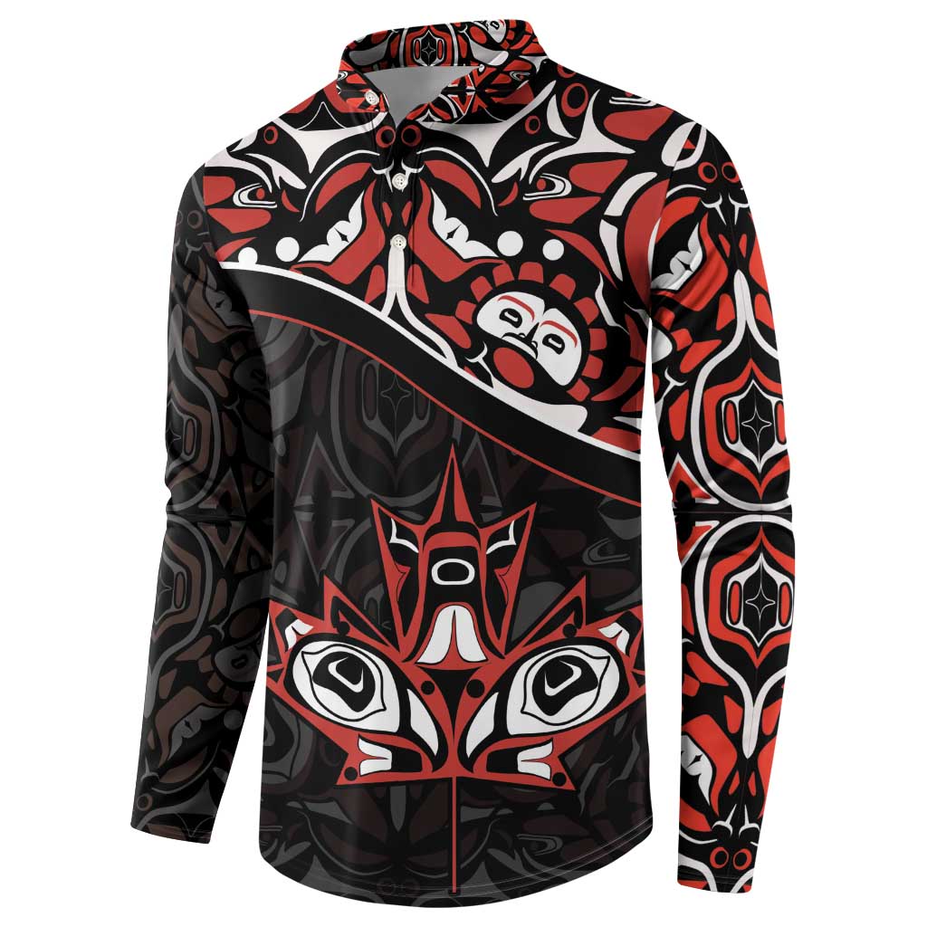 Black long-sleeve button sweatshirt with bold red, white, and black tribal pattern