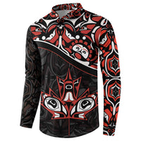 Black long-sleeve button sweatshirt with bold red, white, and black tribal pattern